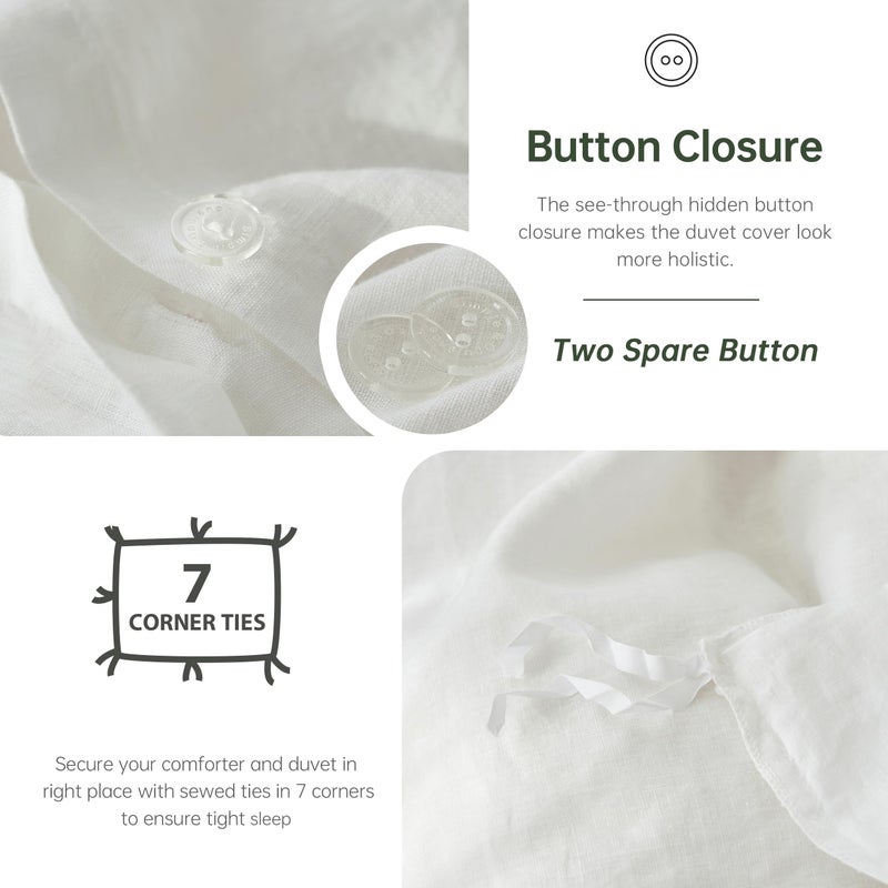 Simple&Opulence 100% Linen Duvet Cover Set, 3 PCS Natural French Flax White Duvet Cover Queen Size, Breathable Soft Comfy Linen Bedding Comforter Cover with 2 Pillowcases(White, 88"x92") - Image 3